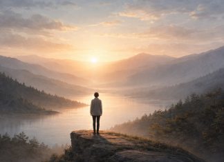 Μοναχική ανθρώπινη φιγούρα στέκεται σε βράχο και κοιτά έναν ήρεμο ορίζοντα με λίμνη και βουνά στο φως της ανατολής, συμβολίζοντας τον στοχασμό και τη σχέση με τον εαυτό.