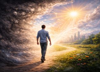 Άνθρωπος που αφήνει πίσω του τη σύγχυση και προχωρά σε φωτεινό μονοπάτι προς ένα καθαρό και ελπιδοφόρο μέλλον.